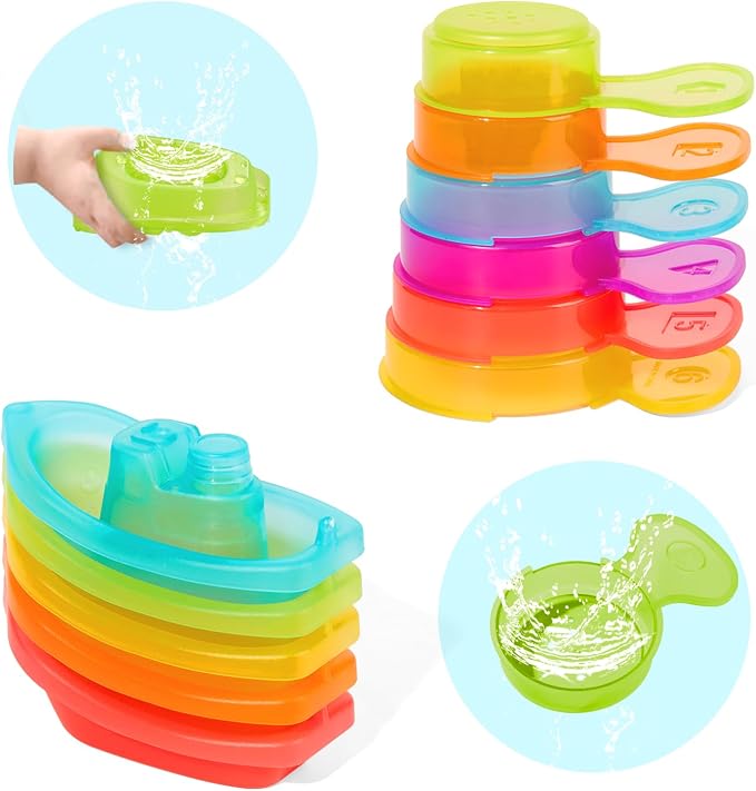 AMCHSURI 11 Pack Mold Free Bath Toys, Open Seamless Quick Dry Design, Stackable Scoops & Floating Boats, Water Play Toys for 12 18 Months & 1-3 Years Old Toddlers, Bathtub Pool Water Table Toys
