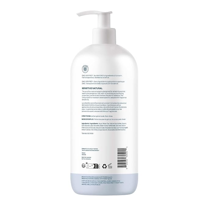 ATTITUDE Body Wash for Sensitive Skin, EWG Verified Shower Gel, Soothing Oat, Dermatologically Tested, Plant and Mineral-Based, Vegan Personal Care, Unscented, 32 Fl Oz