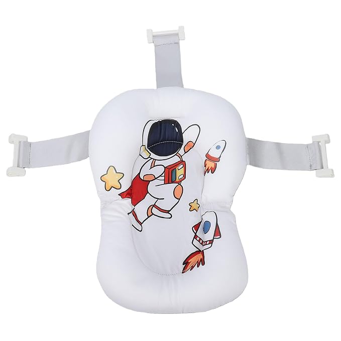 Fafeicy Baby Bath Cushion Pad Cotton Infant Bathing Seat Support Mat with 3 Buckles Wedge Design 28 X 6 X 38cm for Newborn Toddler Bathtub Bath Time (Astronaut Pattern)