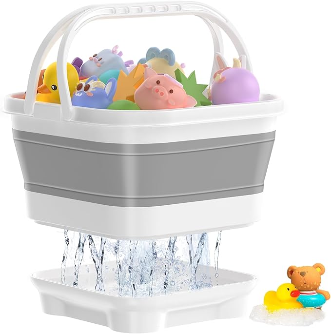 Anivia Foldable-Bath-Toy-Storage-Organizer, Bath Toy Holder with Base, Quick-Drain-Drying Bathtub Toy Storage/Basket, Stand Up Bathroom Shower Toys Holder for Kids - Gray