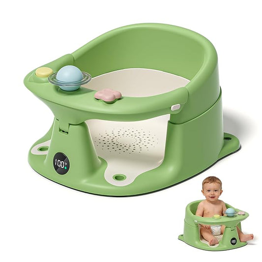 Baby Bath Seat for Babies 6 Months & up with Thermometer, Non-Slip Toddler Bath Seats for Sitting Up, Safe Infant & Newborn Bathtub Chair with 4 Suction Cups, Soft Cushion & Temperature Display, Green