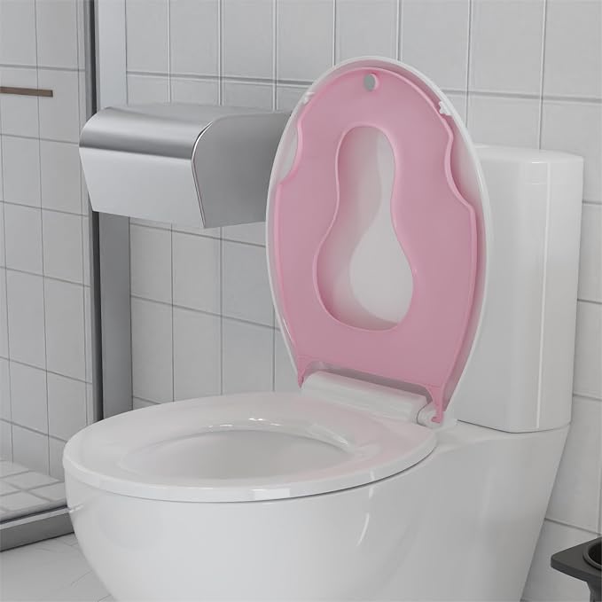Toilet Seat with Potty Training Seat Built-In, Round Fit, Soft Close Lid, Slow Close Noiseless Design, American Standard Compatible,White and Pink