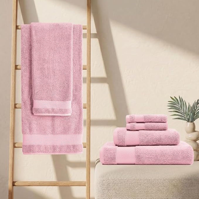 BIOWEAVES 100% Organic Cotton Bath Towel Set | 700 GSM Plush 6-Piece Premium Towel Set GOTS Certified, 2 Bath Towels, 2 Hand Towels & 2 Washcloths - Dusty Pink