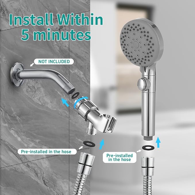 Handheld Shower Head with 79" Extra Long Hose 7 Modes High Pressure Shower Head with On Off Switch Button and Powerful Wash Modes for Pets Bath, Chrome