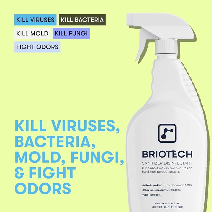 BRIOTECH Sanitizer Disinfectant Hypochlorous Spray, Kill 99.99% of Viruses & Bacteria, Control Mold, Eliminate Odor, Gentle for Nursery & Play Rooms, Food Contact Surface Sanitizer, 32 fl oz Refill