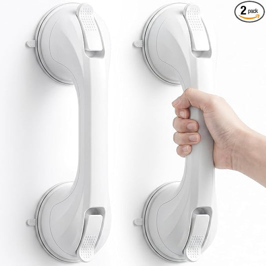 Shower Grab Bars for Shower and Bathtubs, 2 Pack Suction Shower Handle for Elderly, Suction Cup Removable Handrails Safety Grip, Heavy Duty and No Drilling, 12 in - White