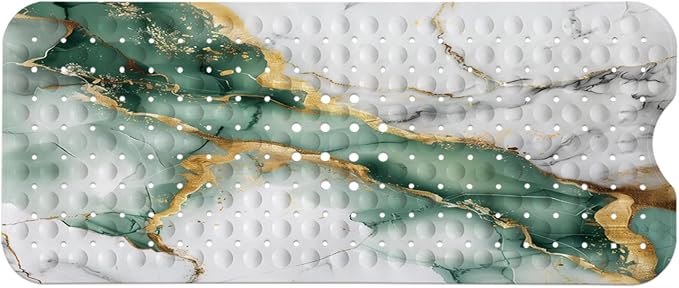 Marble Bath Tub Mat Non Slip, Green Gold Marble Non Slip Bath Mat for Shower, Large Washable Shower mats for Showers with Drain Holes and Suction Cups,40 X 16 Inch