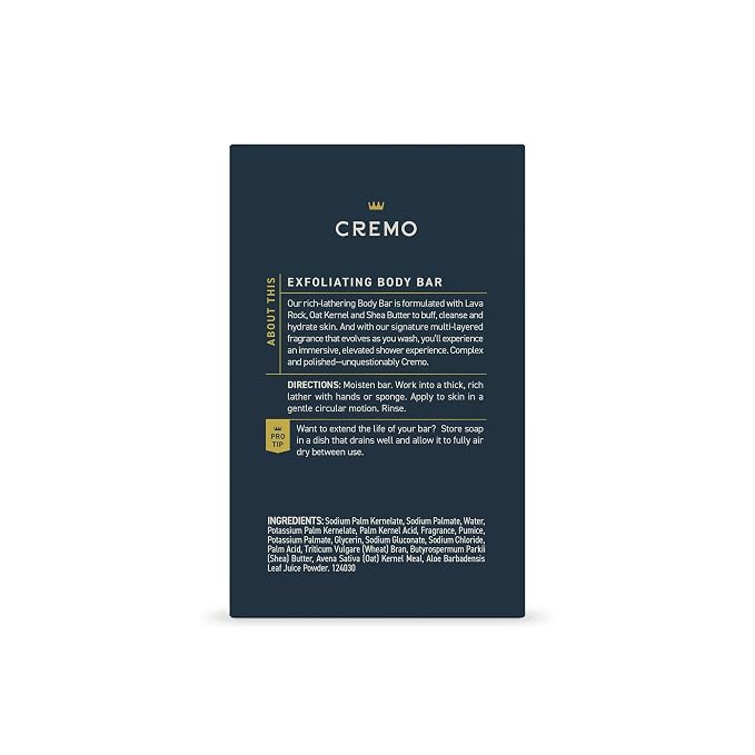 Cremo Exfoliating Body Bar for Men, Palo Santo Scent, Multi-Layered Fragrance That Buffs, Cleanses and Hydrates Skin, 5oz