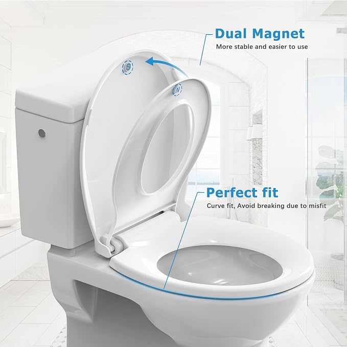 Garvee Round Toilet Seat with Toddler Seat, PP Safe Material, 2 in 1 Toilet Seat for Family Built-in Baby Seat Removable, 17 in,Soft Close + Easy Clean(White)