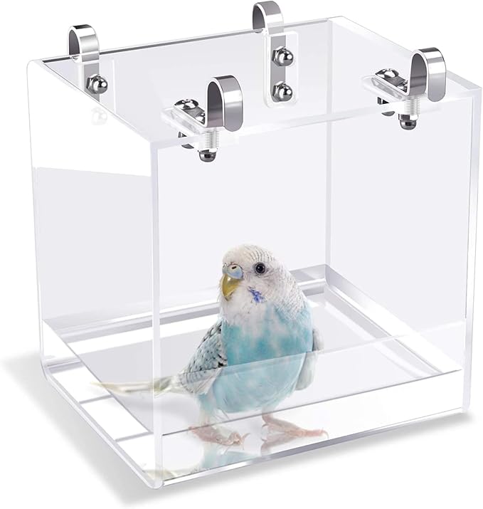 GURECOD Hanging Bird Bath Cube Bird Bathtub Bath Shower Box Bowl Cage Accessory for Little Bird Canary Budgerigar Parrots Crested Myna Cockatiel Lovebird Parakeet Bath (Large)