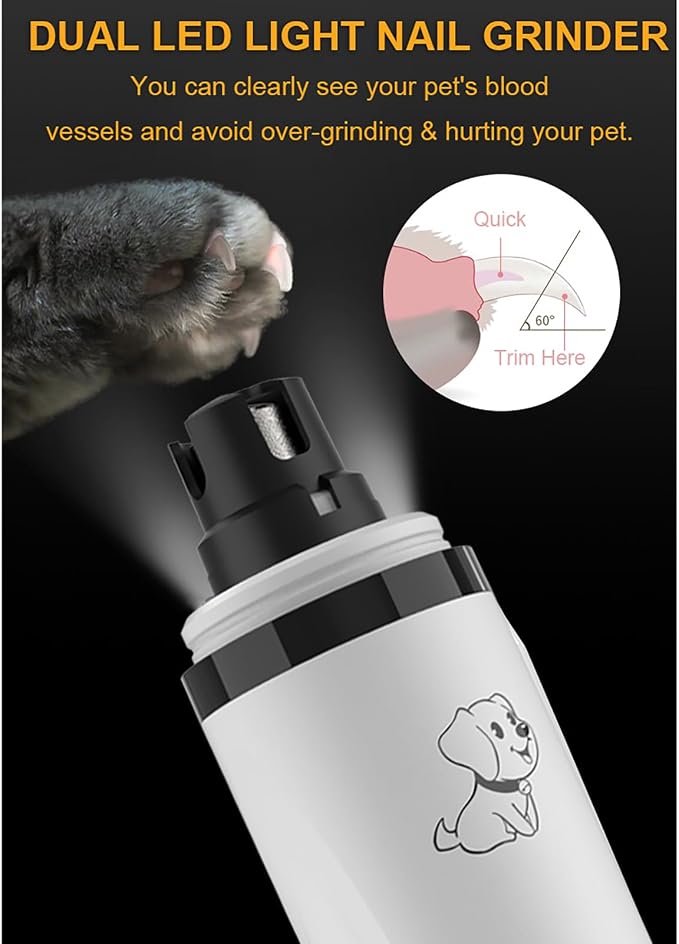 Dog Nail Grinder, 3-Speed, Ultra Quiet for Small to Large Dogs | Dual LED Lights for Quick Visibility, 7000-9000 RPM, <40dB, Ergonomic Grip, Multiple Grinding Ports, 2000mAh