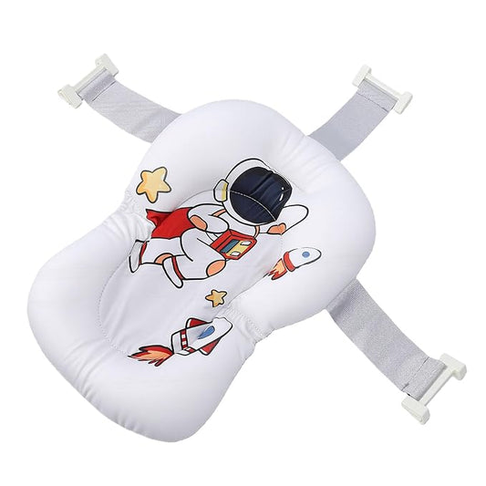 Fafeicy Baby Bath Cushion Pad Cotton Infant Bathing Seat Support Mat with 3 Buckles Wedge Design 28 X 6 X 38cm for Newborn Toddler Bathtub Bath Time (Astronaut Pattern)