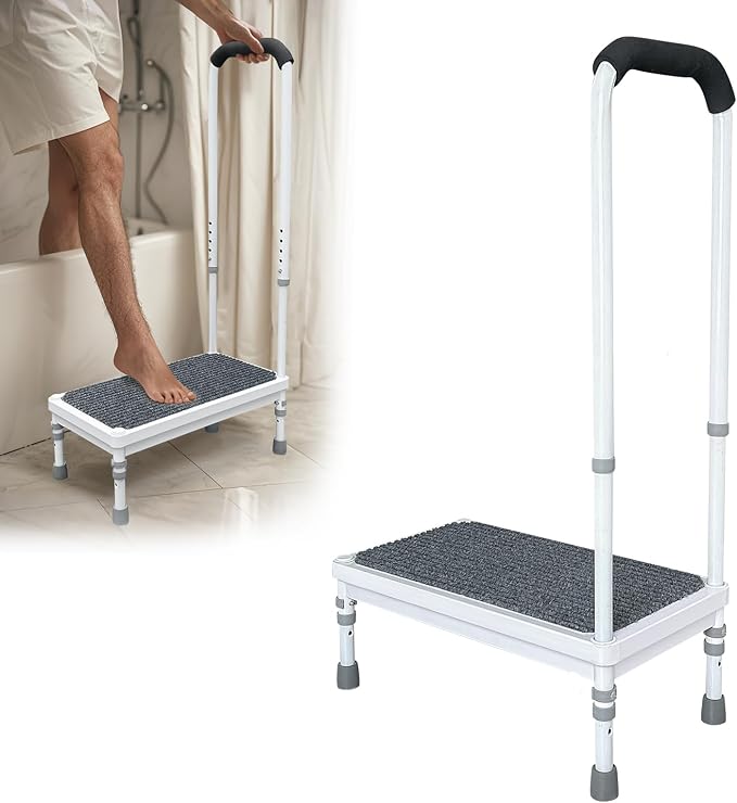 Step Stool with Handle for Elderly, Bathtub Steps Seniors Medical Safety Handicap Foot Stool, Shower Tub Helper Stepping Heavy Duty 400lbs, Adjustable Metal Bath Platform with Handrail Non Slip