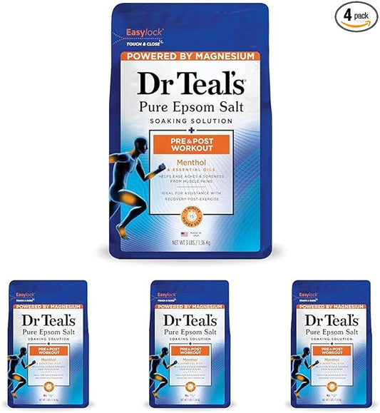 Dr Teal's Epsom Salt Magnesium Soak, Pre & Post Workout with Menthol & Essential Oils, 3 lbs (Pack of 4)