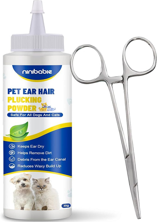 Upgraded Dog Ear Powder with 5.5 Inch Hair Removal Tool, Pet Ear Grooming Cleaner for Wax and Odor Control, Absorbs Moisture & Soothes Ears