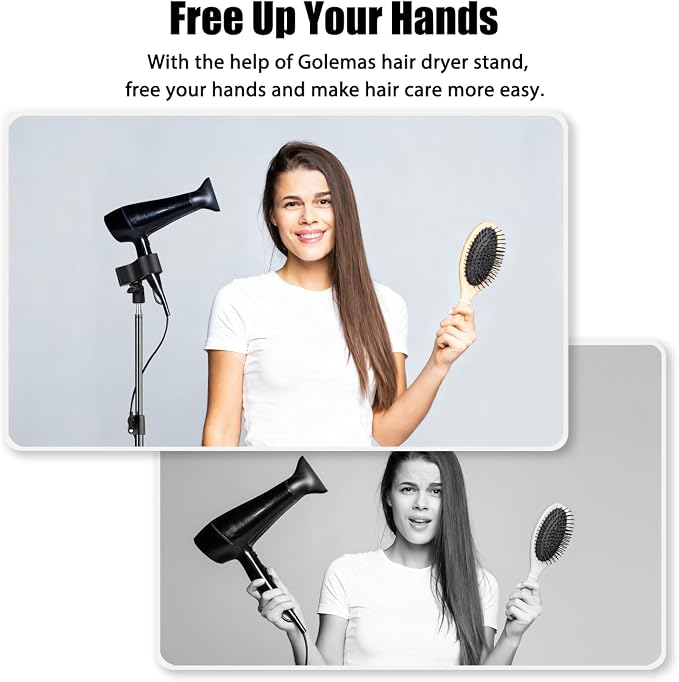 Hair Dryer Stand, Height Adjustable Hands-Free Lazy Blow Dryer Holder with 180 Degrees Rotatable Larger Clamp Non-Slip Tripod, for Bathroom, Vanity, Makeup Room Floor or Countertop Pet Salon