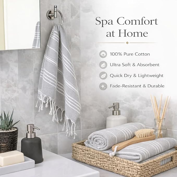 Clotho 4 Pack Silver Gray Turkish Hand Towels for Bathroom 18x40 Large 100% Cotton Soft Decorative Towel, Absorbent Lightweight Quick Dry Face Towel for Travel Hair Gym Yoga