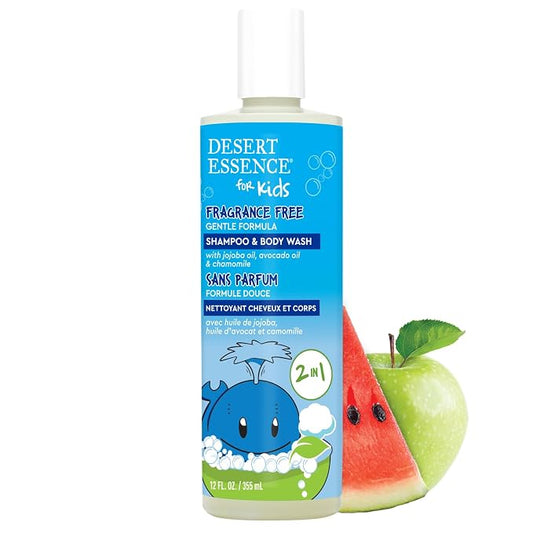 Desert Essence Kids Fragrance Free 2-in-1 Shampoo & Body Wash, Gentle Cleanser for Children’s Hair and Skin, Tear-Free Bath Wash for Kids, 12 fl oz