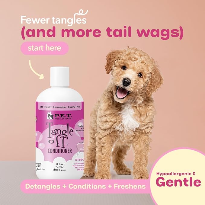 P.E.T. Tangle Off Detangling Conditioner for Dogs & Cats, Cotton Candy Scent – Moisturizes, Softens & Loosens Knots for Silky, Shiny Coats – Sulfate-Free, pH-Balanced, Hypoallergenic – 16 oz