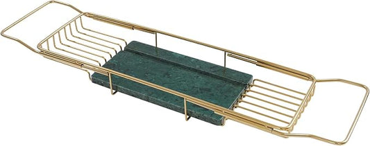 Expandable Bathtub Tray, Stainless Steel Bath Table Tray with Marble Board, Modern Luxury Bathtub Shelf for Bathrooms, Kitchen Sink (Gold + Green)