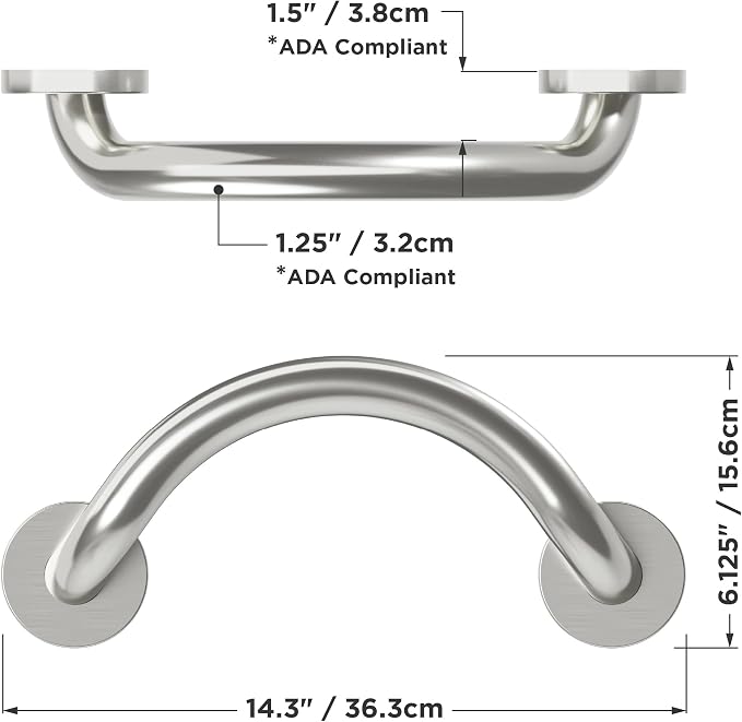 HEALTHCRAFT Plus Crescent Grab Bar 14.3", ADA Safety - Brushed Stainless | Curved crescent design, concealed screws, decorative safety bar