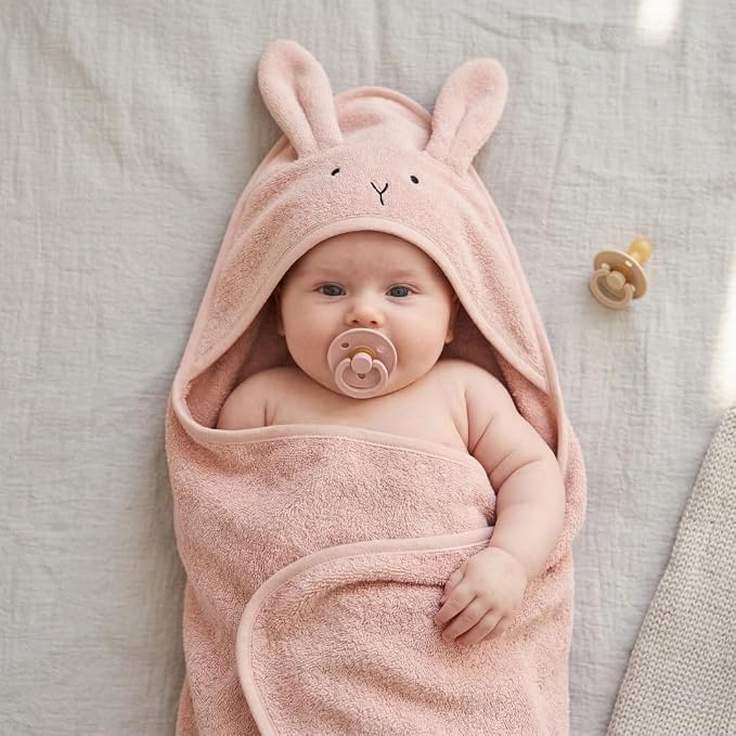 Hooded Baby Towels – 100% Organic Cotton Baby Bath Towels – Baby Girl Newborn Essentials - Super-Soft and Absorbent. (2-Pack Rabbit - Blush)