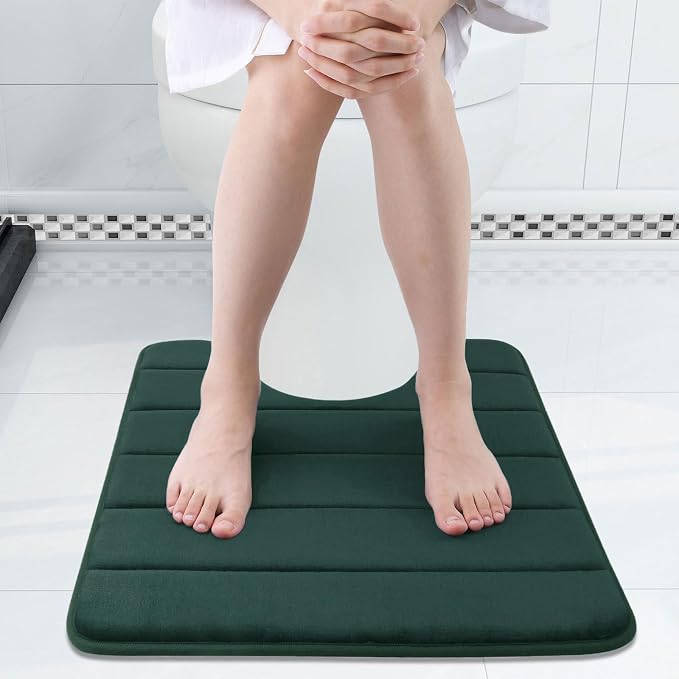 Buganda Memory Foam U-Shaped Contour Toilet Rugs, Absorbent, Thick Soft Washable Bathroom Mat, Floor Carpet Bath Rugs Mat for Toilet Base (24" x 20", Dark Green)
