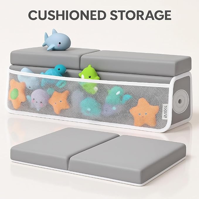 Baby Bath Kneeler and Elbow Rest Pad Set, Memory Foam Cushion with Toy Storage Organizer, Comfortable Bathtub Mat for Bathing Infant Support Non Slip Bath Time Essentials
