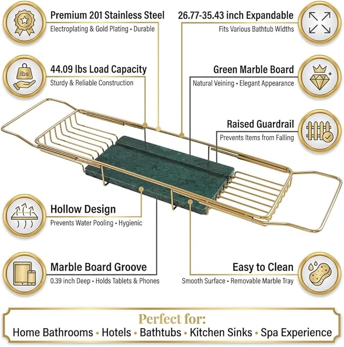 Bathtub Tray Caddy for Luxury Bath, Stainless Steel 26.8-35.4 in Expandable Extra Wide Bath Tub Tray with Natural Marble and Mobile/Tablet Stand, Ideal for Home Spa Lovers (Gold + Green)