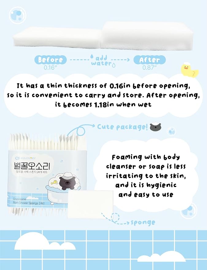 Disposable Bath Sponge White 24Pack / Easy to Carry Anytime, Anywhere/Travel, Camping, Clean Shower Supplies