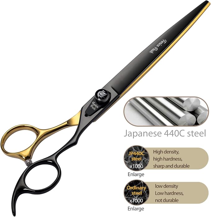 7'' Black and Gold Two-color Dog Grooming Scissors Set Straight Thinning Curved and Chunker Shears 4PCS Set with Pattern Screw and Ergonomic Offest Handle 440C Sharp and Durable