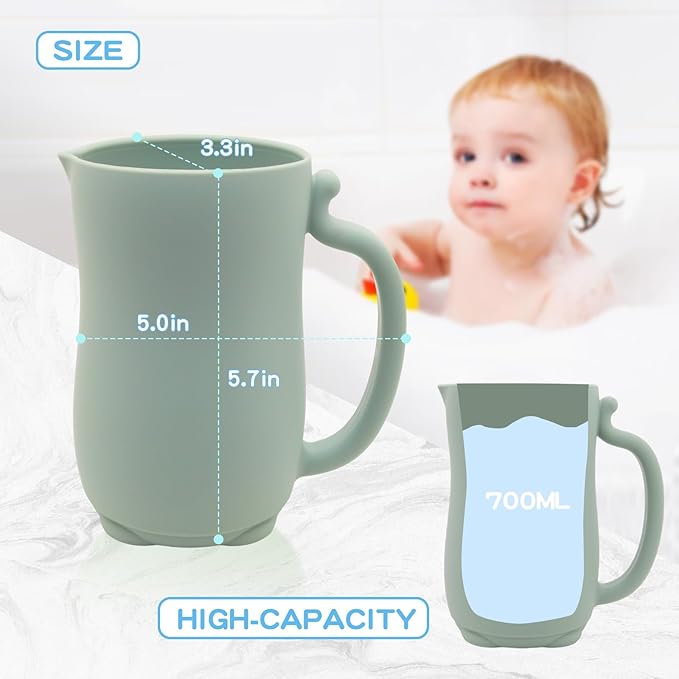mandoo Baby Bath Rinse Cup - Food Grade Silicone - Shampoo & Body Washing Rinser Cup for Kids with Easy Grip Handle to Rinse Baby Shampoo and Soap - Baby Essentials (Light Green)