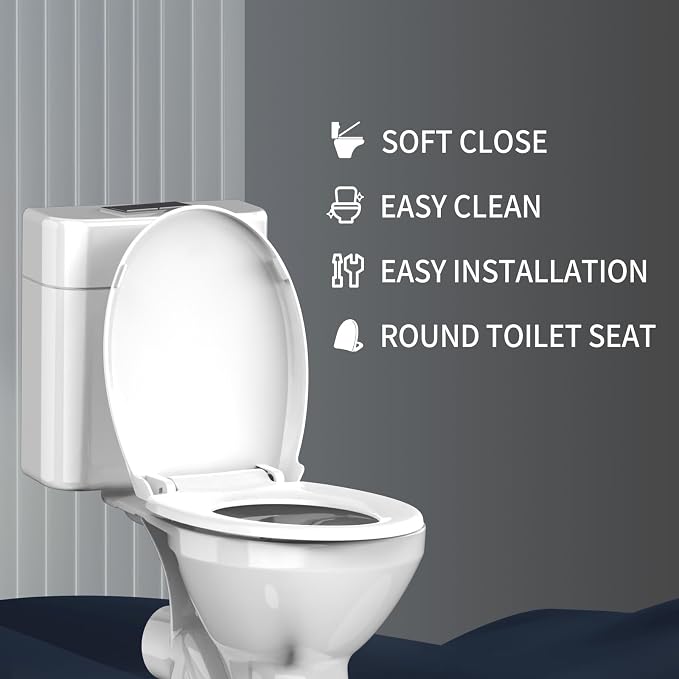 Round Toilet Seat Soft Close 16.5 Inch, Quiet No Slam Toilet Lid, Quick Release & Easy Installation, Durable PP Material, Easy Clean Ergonomic Design, White, 2 Pack
