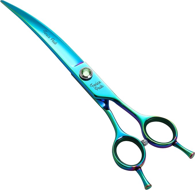 7.5'' Green Curved Dog Grooming Scissors Pet Shears with Ergonomic Offest Handle and Simulated Emerald Screw 440C Grooming Scissors Trimming Shears Durable and Sharp