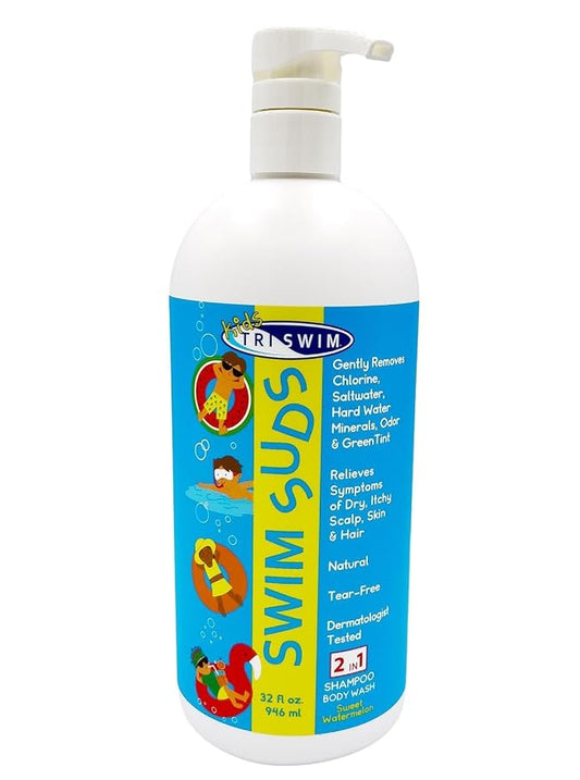 TRISWIM Kids SWIM SUDS NATURAL, TEAR-FREE, 2-in-1 Shampoo & Body Wash | Formulated For Babies & Up | Removes Green Tint, Chlorine & Odors | Ensuring a Delightful Post-Swim Routine | Watermelon Scent