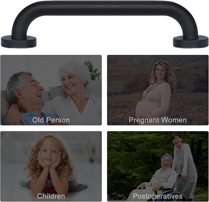 supregear Grab Bars for Wall, Bathroom Shower Handle for Seniors, 1 Inch Diameter 201 Stainless Steel Safety Hand Rail, Wall Mounted Toilet Bathtub Support, Black Finish, 12 Inch
