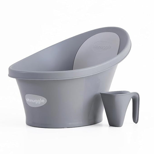 Shnuggle Newborn Bath Essentials Bundle | Baby Bath with Support Bump and Soft Backrest & Rinse Jug | Safe, Gentle, and Stylish Bathtime Set for Babies & Toddlers | Pebble Grey