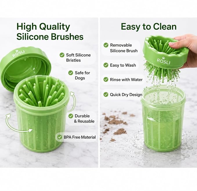 ROSLI Dog Paw Clianer Cup - Portable Pet Paw Washer for Dogs - Deep Cleaning Mud & Dirt - Silicone Brush - Easy to Use & Wash (Blue, Large) (Green, Large)