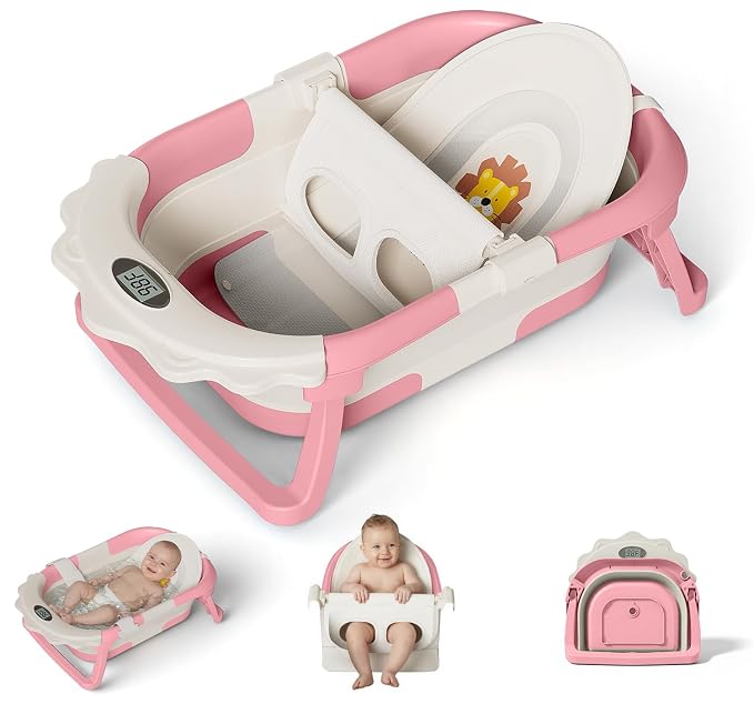 MoreFeel Foldable Baby Bathtub with Thermometer - 4-in-1 Grow-with-Me Collapsible Infant Tub (Newborn to Toddler) with Adjustable Mesh Sling - Space Saving Design