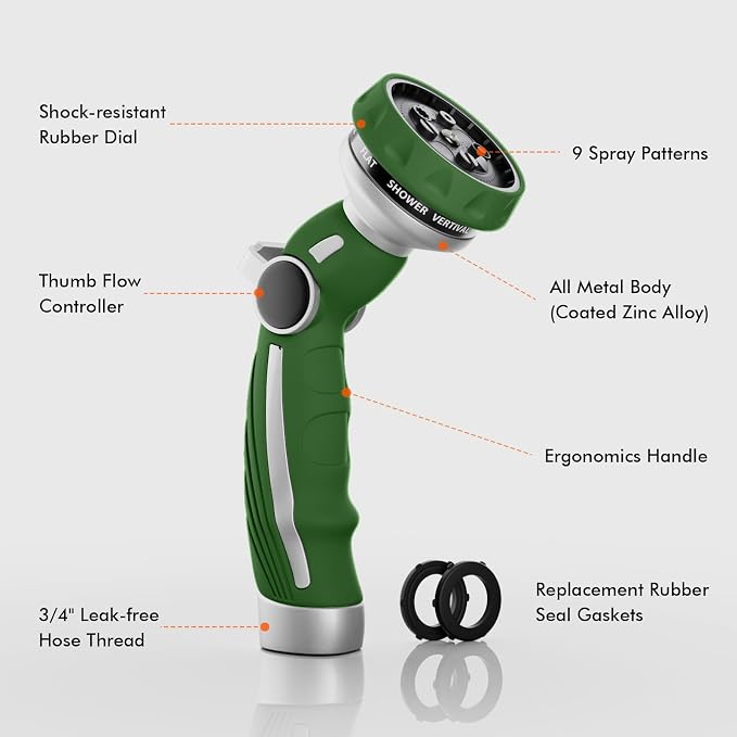 RESTMO Hose Nozzle Heavy Duty, Metal Water Hose Sprayer for Garden | 9 Spray Patterns, High Pressure, Thumb Flow Control, On/Off Valve, Ideal for Outdoor Lawn & Plant, Car & Pet, Green