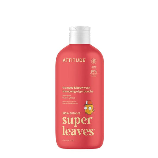 ATTITUDE Shampoo and Body Wash for Kids, EWG Verified Hair and Body Cleanser, Dermatologically Tested Soap, Plant and Mineral Based Bath Products, Vegan, Mango, 16 Fl Oz