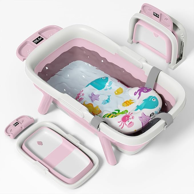 Collapsible Baby Bathtub, Large Baby Tub with Thermometer & Soft Cushion for Newborn to 36-Month Toddler Bathtub,Foldable for Quick Use & Portable for Travel, Baby Bath Gift (Pink)