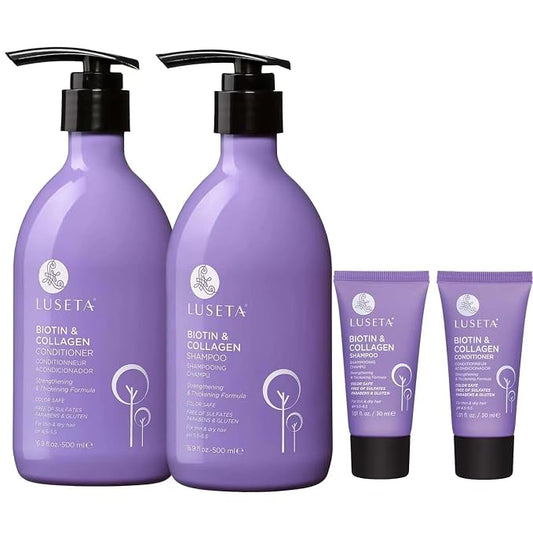 Luseta Biotin Shampoo and Conditioner Set with Argan Oil for Damaged Hair Repair, Growth and Thickening - Full Size and Travel Size (2x16.9 oz + 2x1.01 oz)