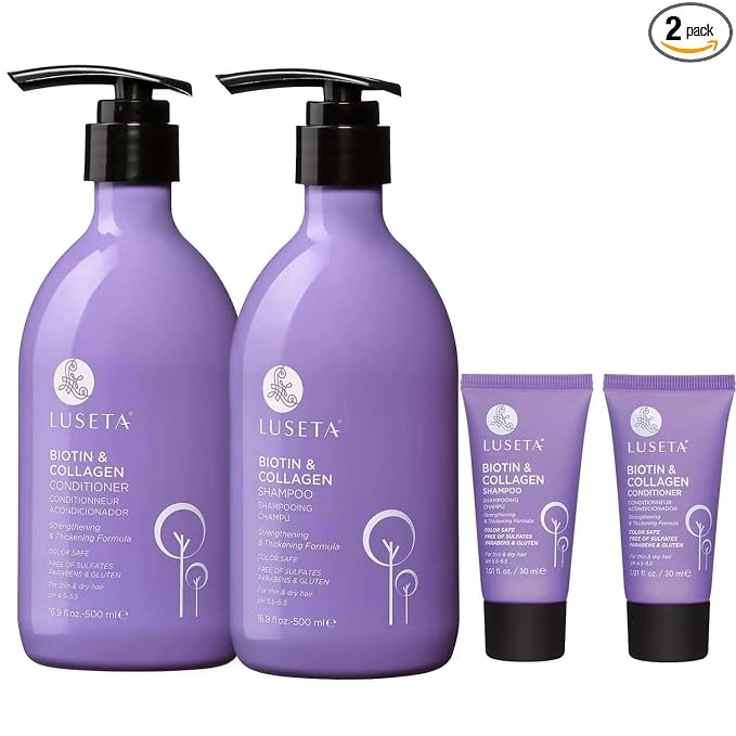 Luseta Biotin Shampoo and Conditioner Set with Argan Oil for Damaged Hair Repair, Growth and Thickening - Full Size and Travel Size (2x16.9 oz + 2x1.01 oz)