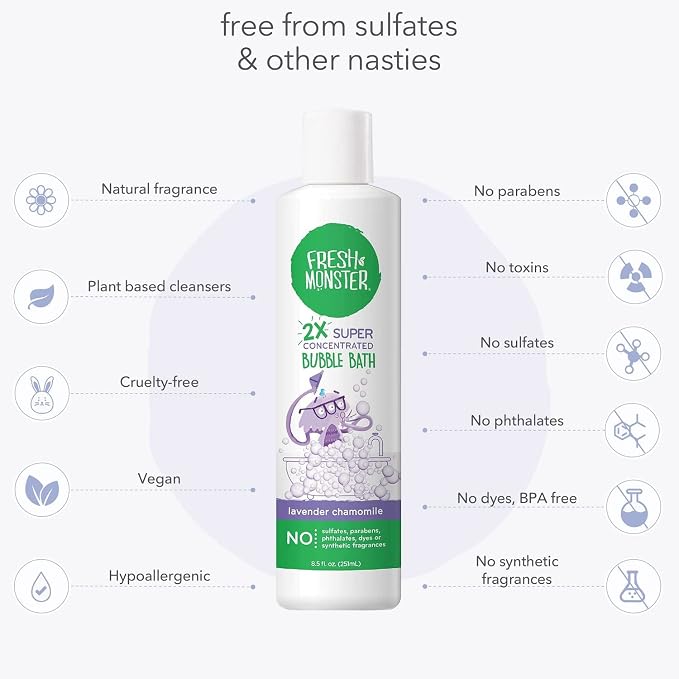 Fresh Monster Kids Foaming Bubble Bath | Hypoallergenic, Natural for Kids & Toddlers | Super Concentrated | Soothing Lavender Scent | Bath Time Essentials