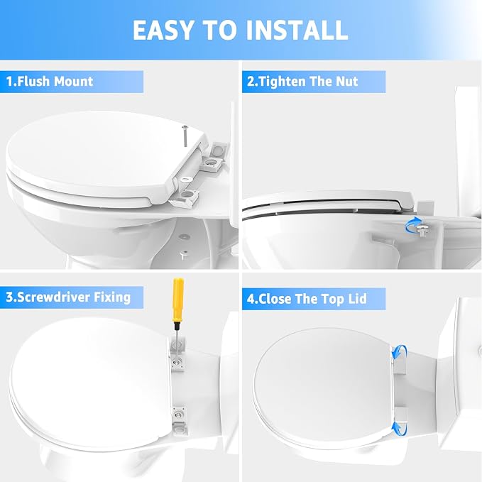 Huttdmel Toilet Seat Round 16.5 Inch & Quick Release - Quick Connect, Standard Toilet Lid Soft Close, PP Material Safe & Easy Clean and Install, Sturdy Accessories Never Loosen, White Plastic