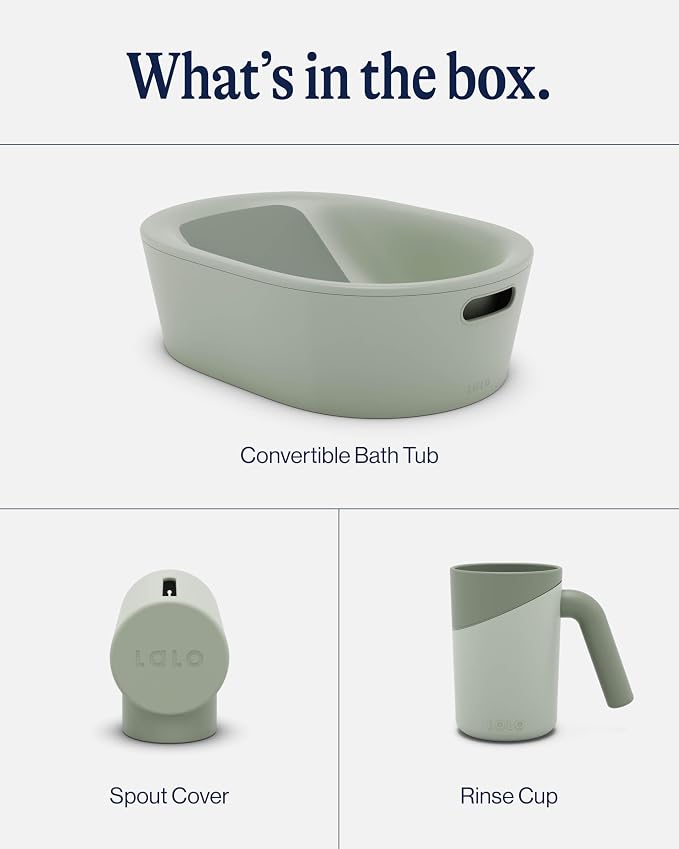 Lalo Bathtime Starter Kit - 3-Piece Set Includes Modern Baby Bathtub, Rinse Cup & Spout Cover - Safe, Easy to Clean Design for Newborns - 25.3 x 18 x 7.7 in, 10 lb - Sage