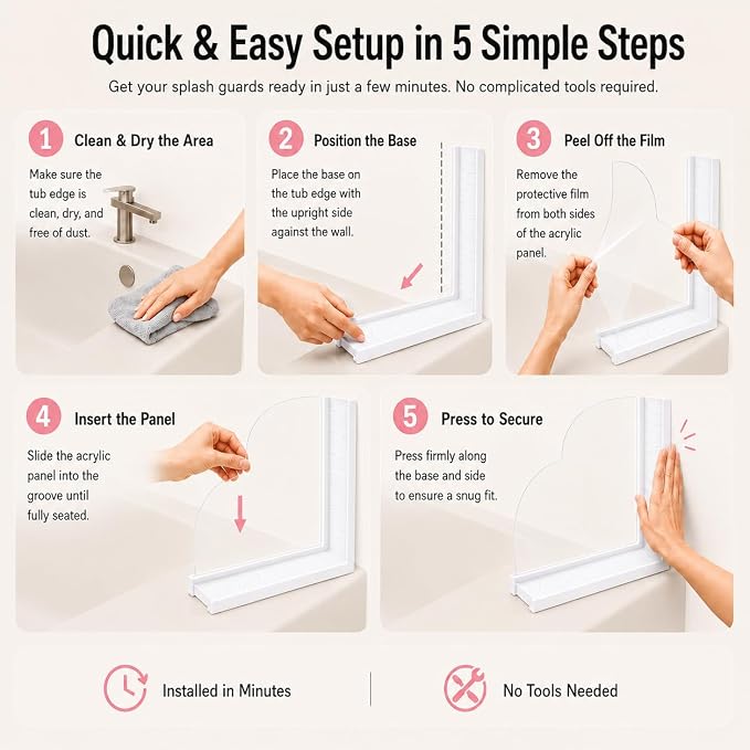 No-Adhesive 2-Pack Acrylic Silicone Bathtub Splash Guard,Tall & Flexible Shower Water Blocker with Strong Suction Cups,Reusable, Keeps Water in, Ideal for Family,Rentals&Pet Bathrooms (pearl white)