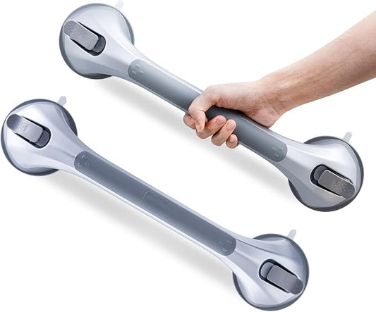 LEVERLOC Grab Bars for Bathtubs and Showers 2 Pack Suction Grab Bar, Heavy Duty 17 Inch Shower Handle Removable Bath Handrails for Seniors and Elderly, Bathroom Safety Grip No Drilling Waterproof Grey