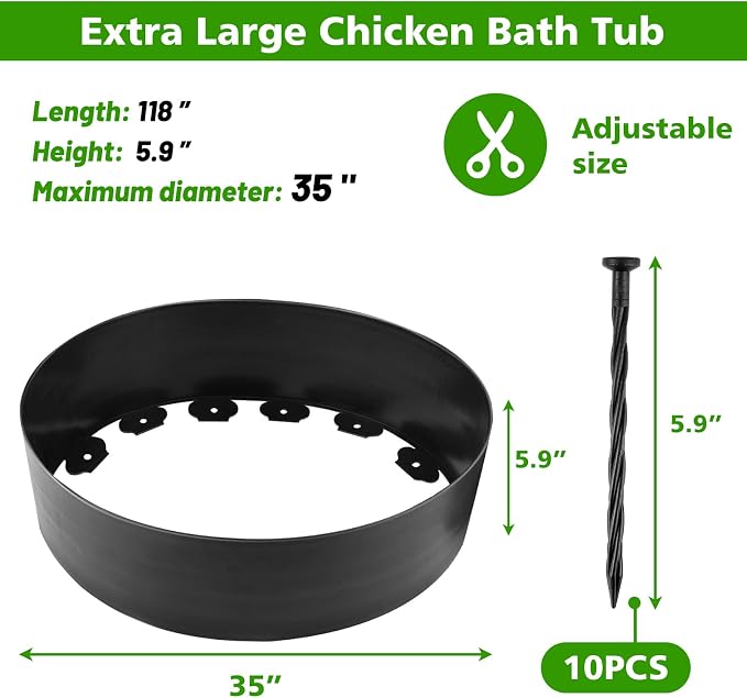 Large Chicken Dust Bath Tub, 5.9''H Bottomless Design, PE Material, Adjustable Dust Bath for Chickens, Chicken Coop Cleaner Container,Essential Chicken Coop Accessory (35"-ID)
